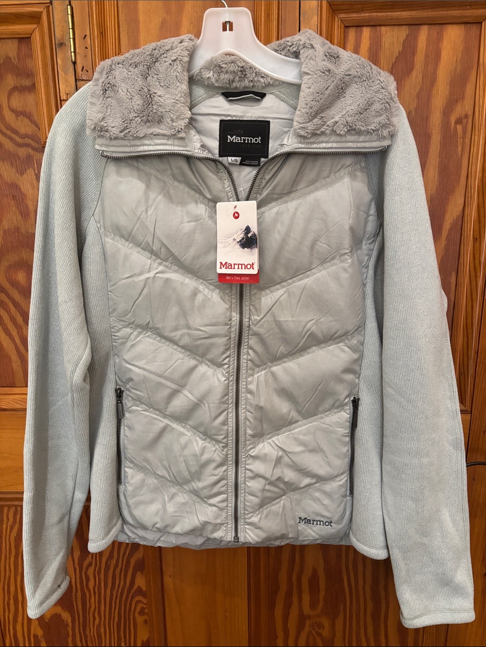 Marmot Light Gray Quilted down 700 fill & Fleece Hybrid Thea Jacket